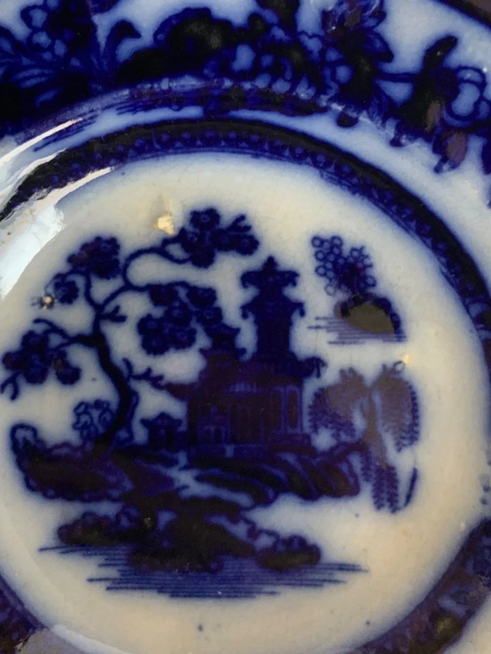 Antique Flow Blue “Chapoo” Berry Dishes – Set of 3 – 5” Pagoda Pattern